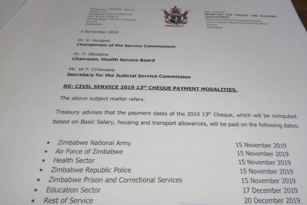 Zimbabwe security services and health sector to get bonuses next week